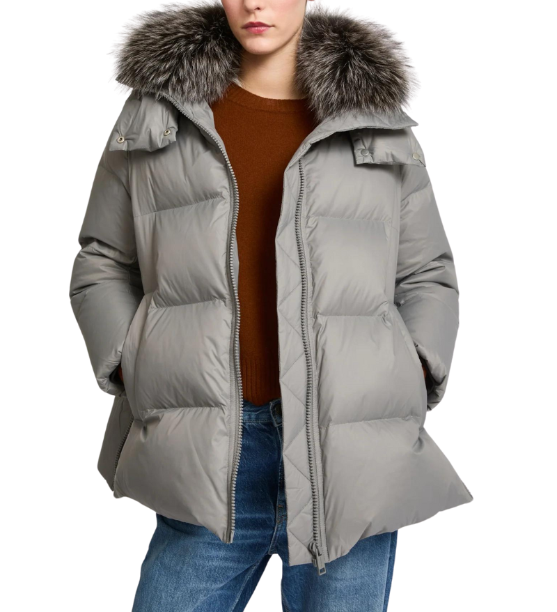 Technical Down Jacket With Fox Fur Grey