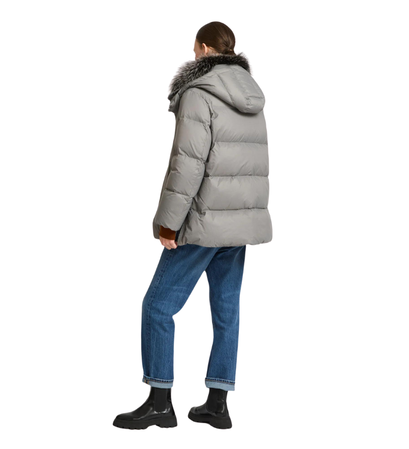 Technical Down Jacket With Fox Fur Grey