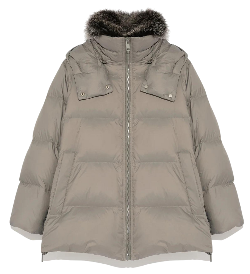 Technical Down Jacket With Fox Fur Grey