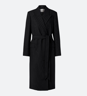 Belted Pinstriped Wool Coat