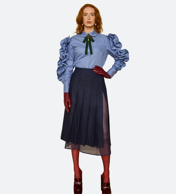 Knife‑Pleated Denim Skirt