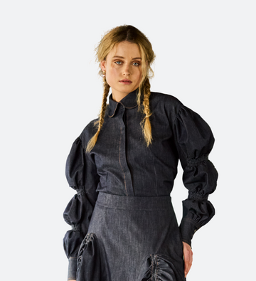 Denim Puff Smocked Sleeve Blouse