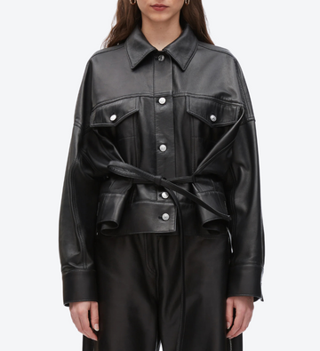 Leather Boxy Jacket with Waist Ties