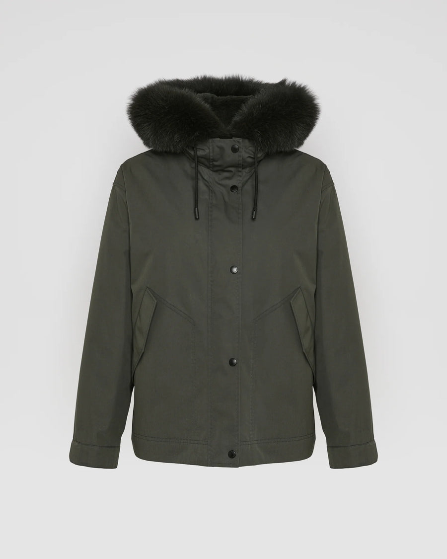 Short Parka in Cotton Blend and Fox and Rabbit Fur