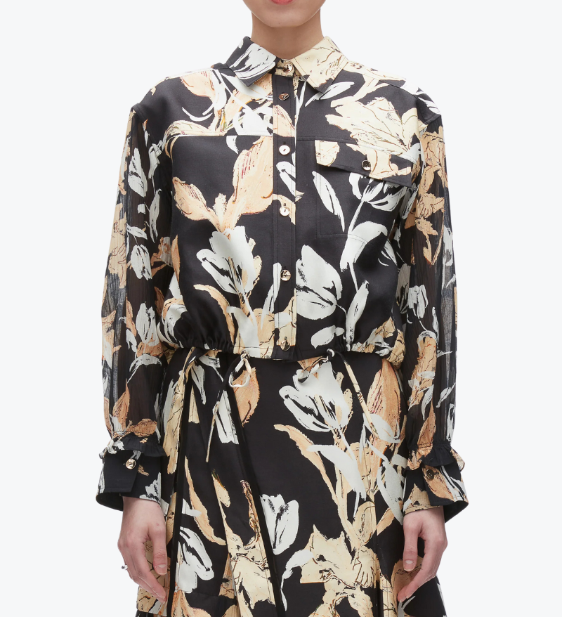 Joyful Tulips Long Sleeve Cropped Shirt Jacket