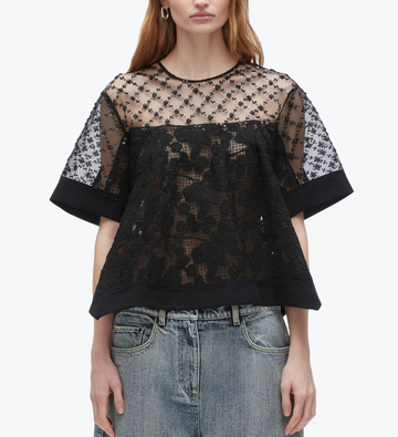 Corded Lace Organza Short Sleeve Flounce Top