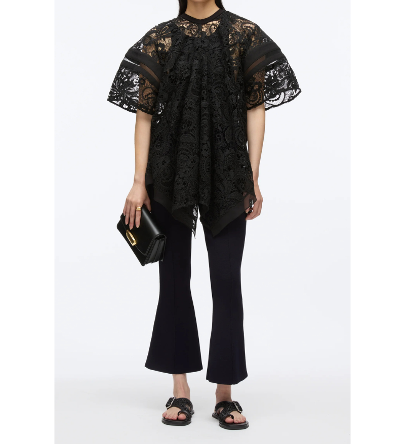 3.1 Phillip Lim Corded Embroidered Lace SS Flounce Top in Black Multi