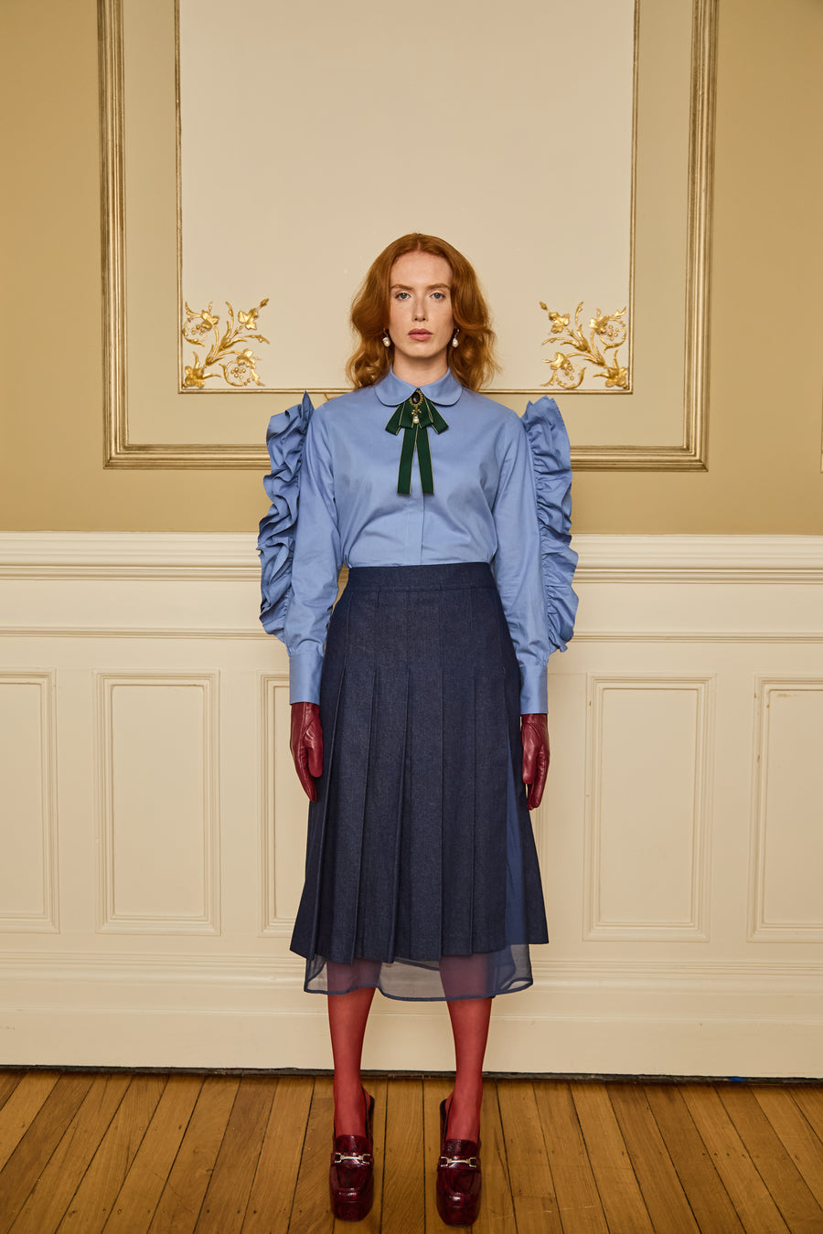 Knife‑Pleated Denim Skirt