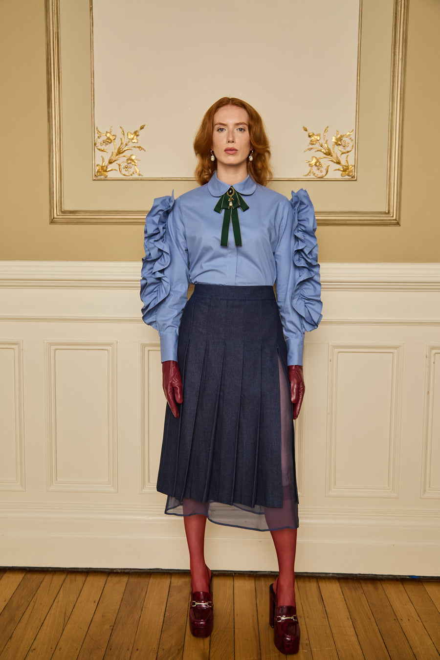 Knife‑Pleated Denim Skirt