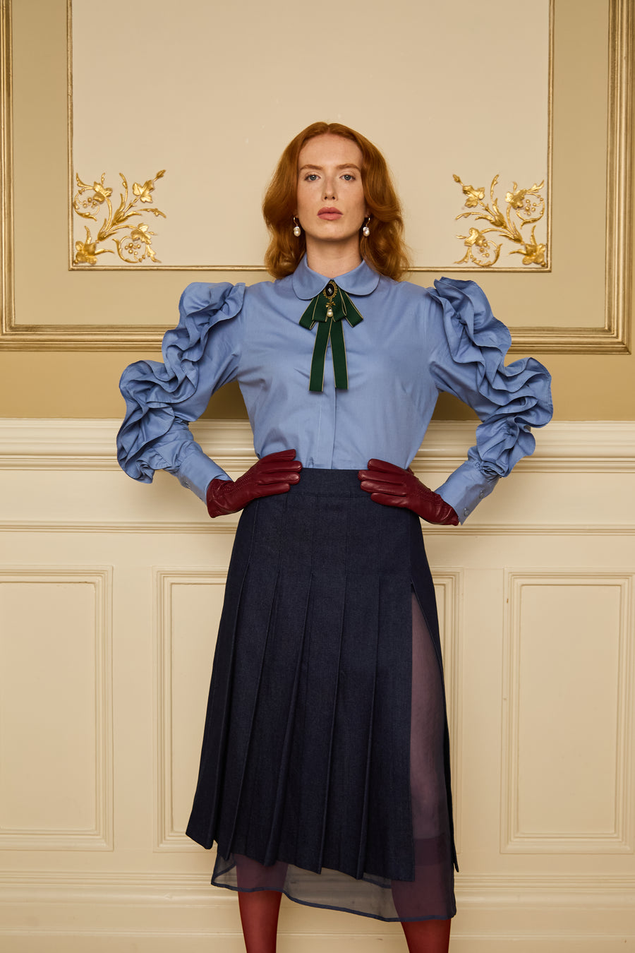 Knife‑Pleated Denim Skirt