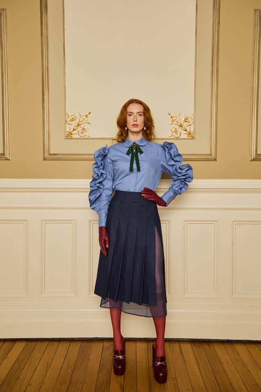 Knife‑Pleated Denim Skirt