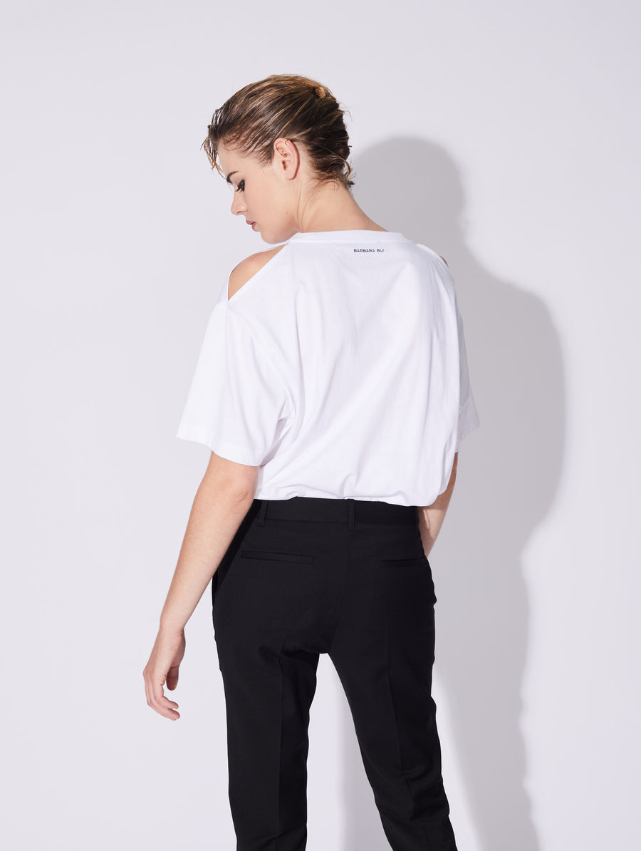White T-Shirt with Shoulder Cut Outs