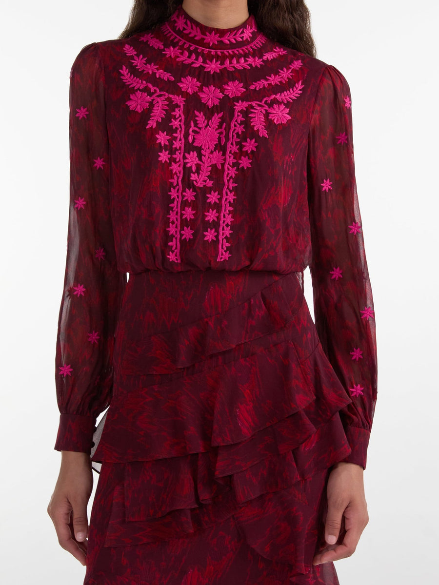 Isa Ruffle in Astilbe Burgundy Embroidery