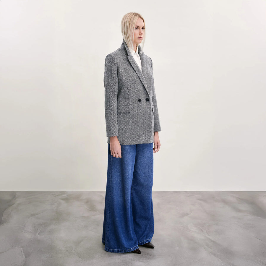 Manú Long Blazer Black/Ivory Herringbone
