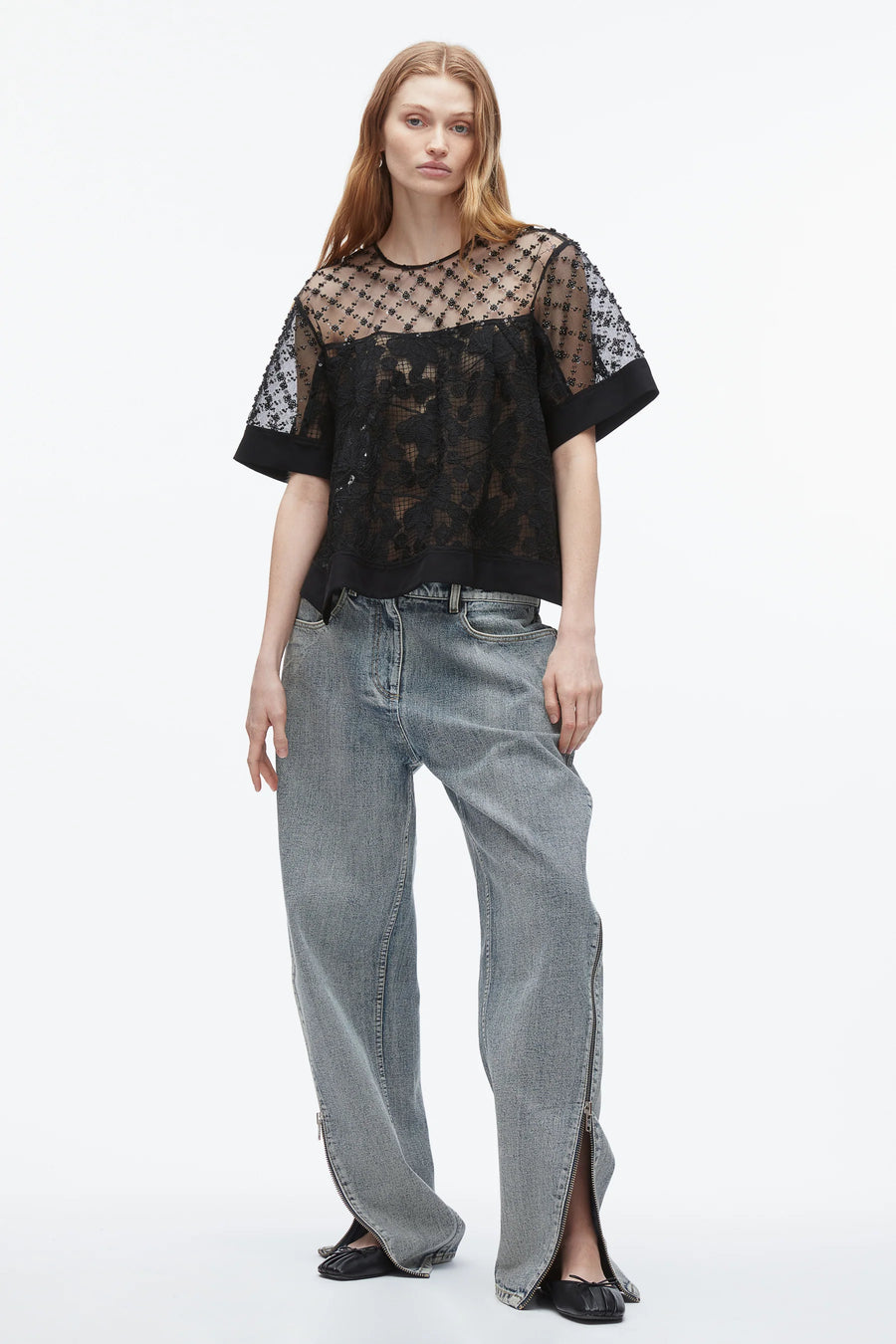 Corded Lace Organza Short Sleeve Flounce Top