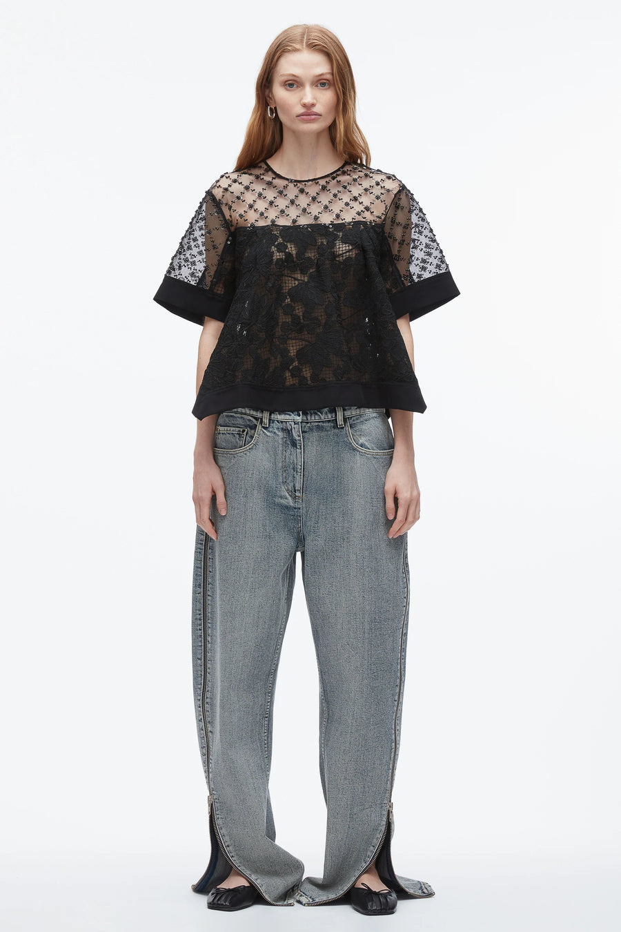 Corded Lace Organza Short Sleeve Flounce Top