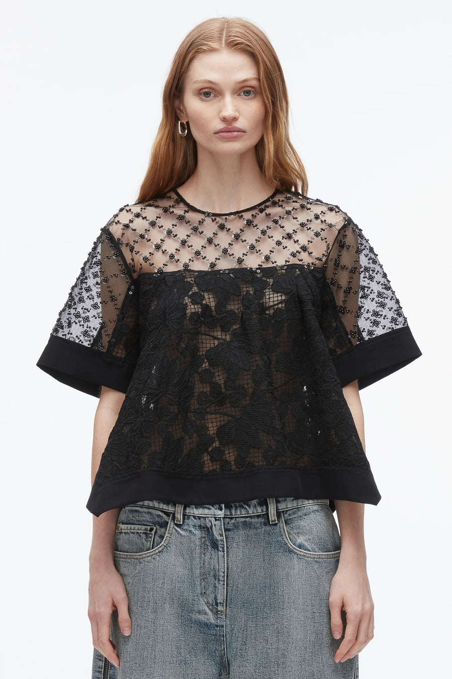Corded Lace Organza Short Sleeve Flounce Top