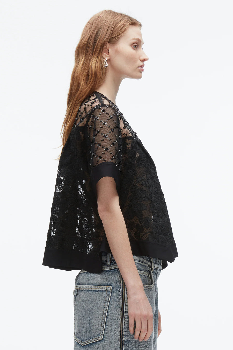 Corded Lace Organza Short Sleeve Flounce Top
