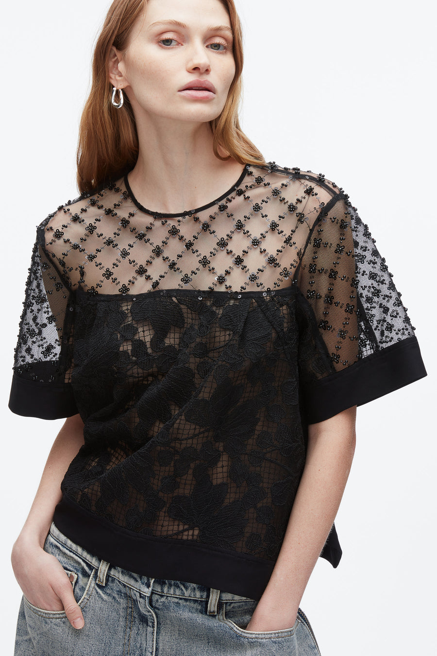 Corded Lace Organza Short Sleeve Flounce Top