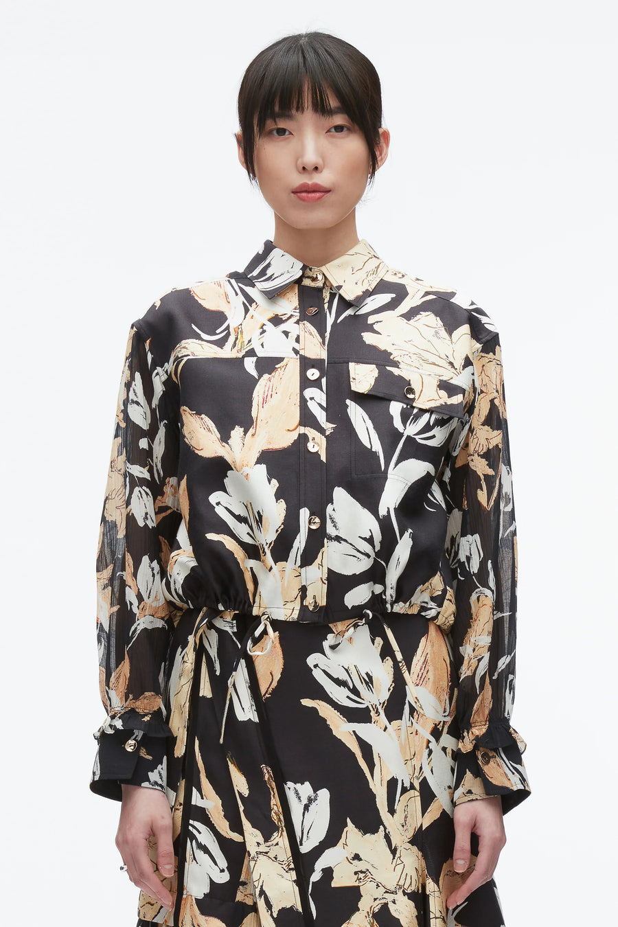 Joyful Tulips Long Sleeve Cropped Shirt Jacket