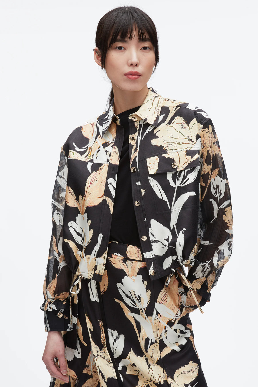 Joyful Tulips Long Sleeve Cropped Shirt Jacket