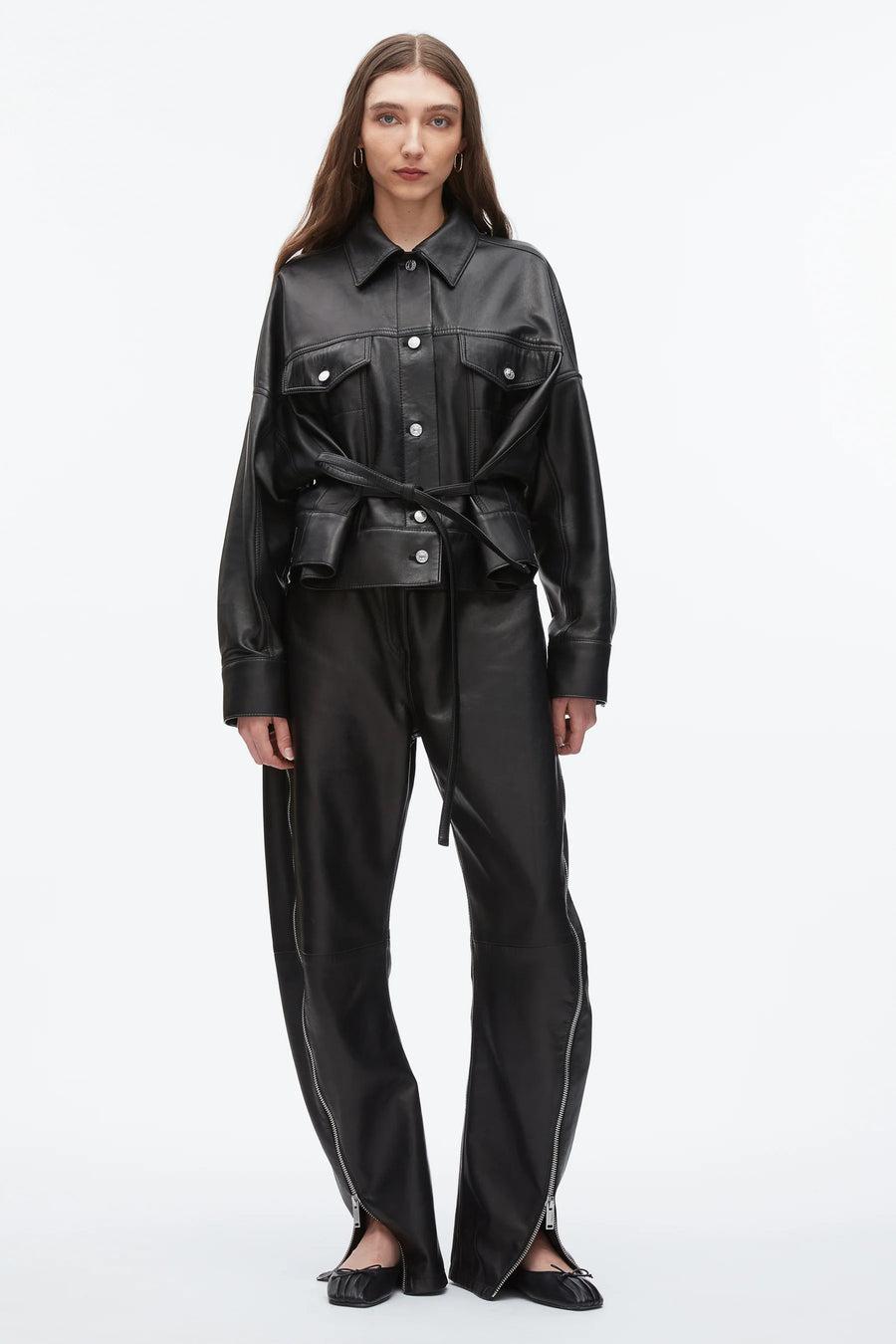 Leather Boxy Jacket with Waist Ties