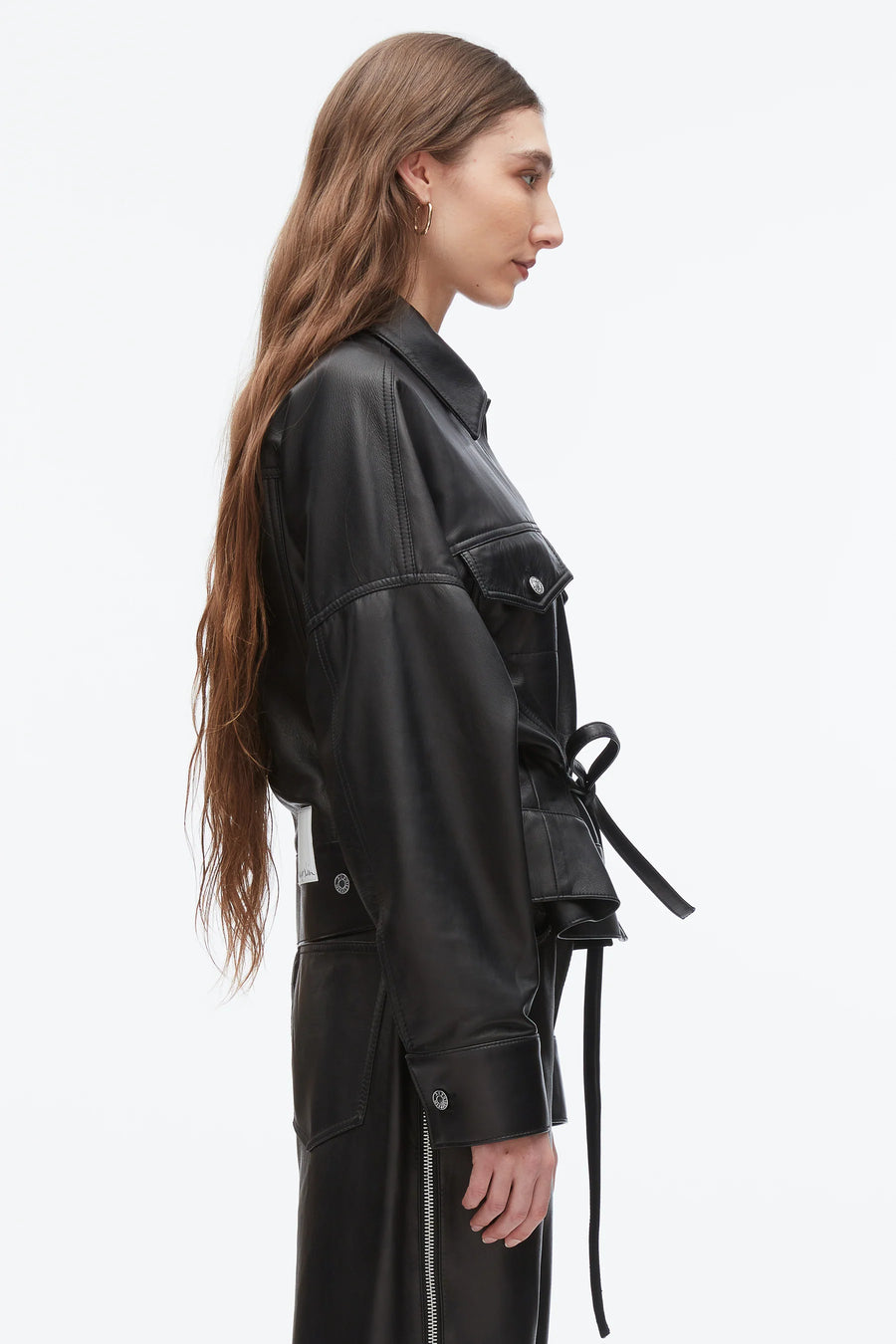 Leather Boxy Jacket with Waist Ties