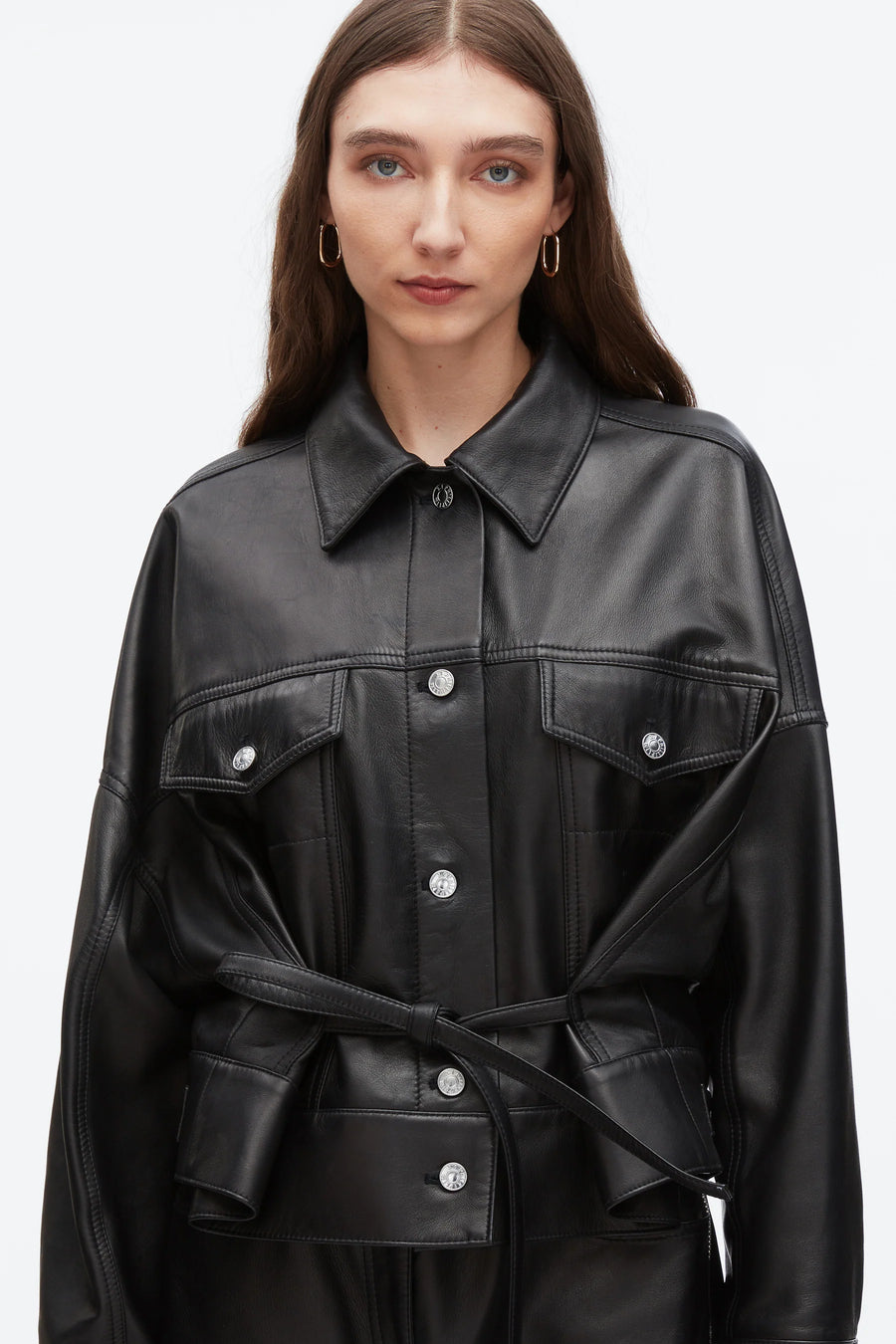 Leather Boxy Jacket with Waist Ties
