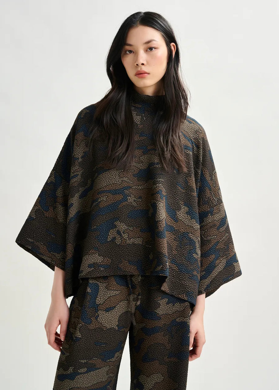 Camouflage Print Zip Neck Top