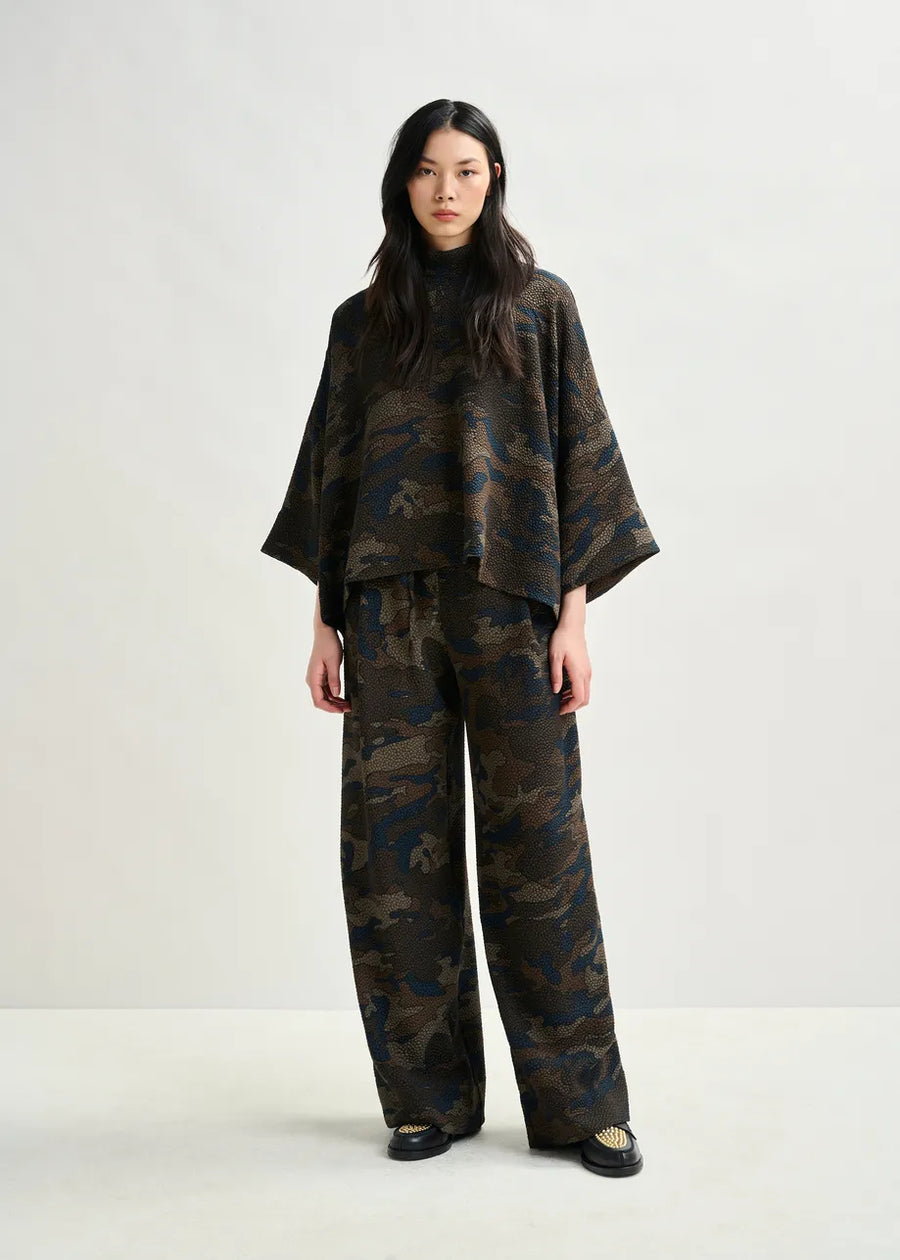 Camouflage Print Zip Neck Top