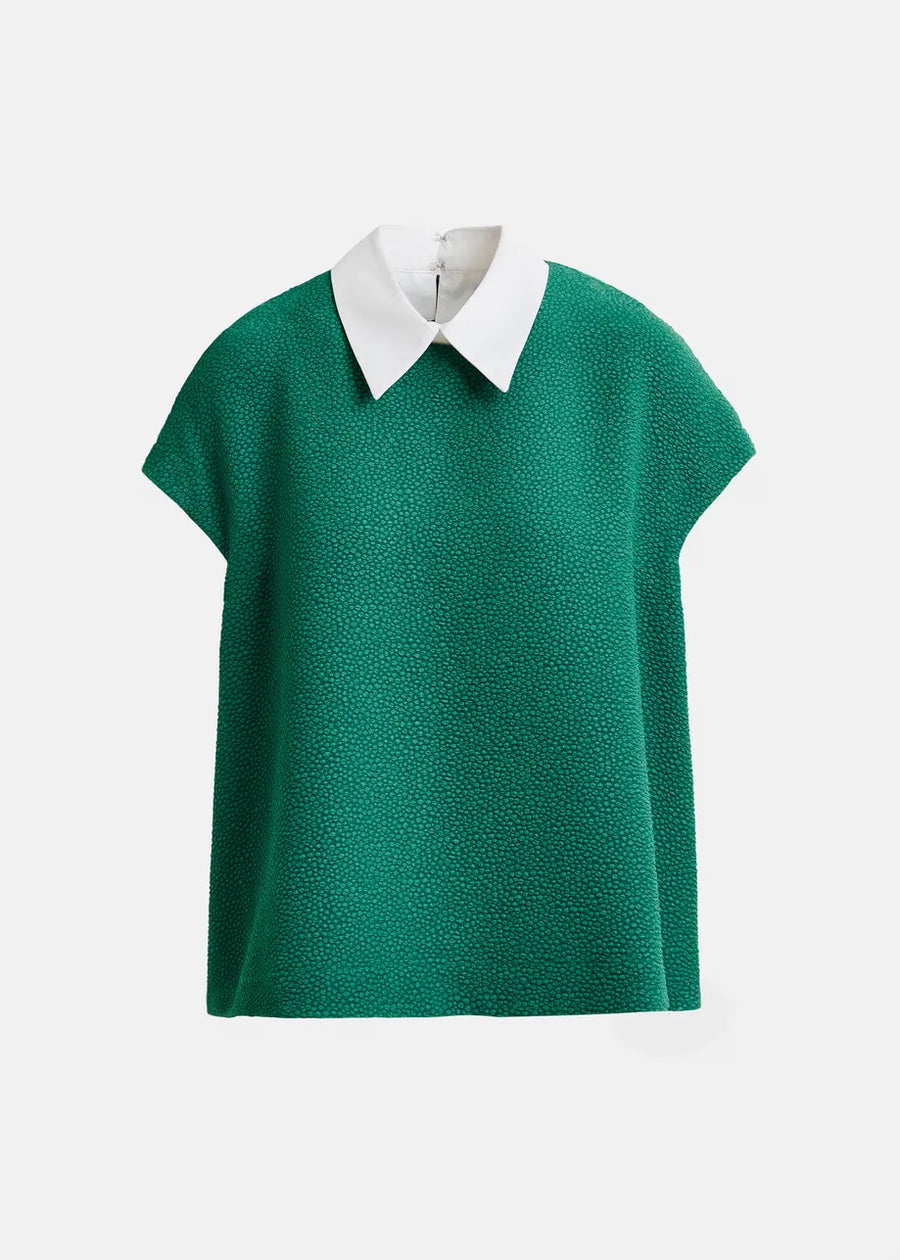 Green Textured Blouse with White Collar