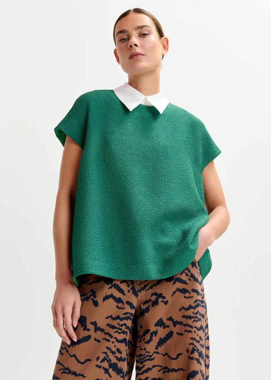 Green Textured Blouse with White Collar