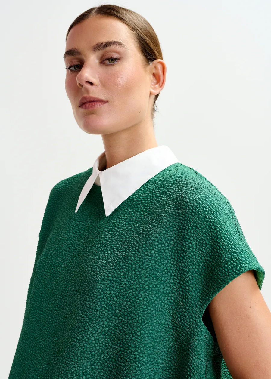 Green Textured Blouse with White Collar