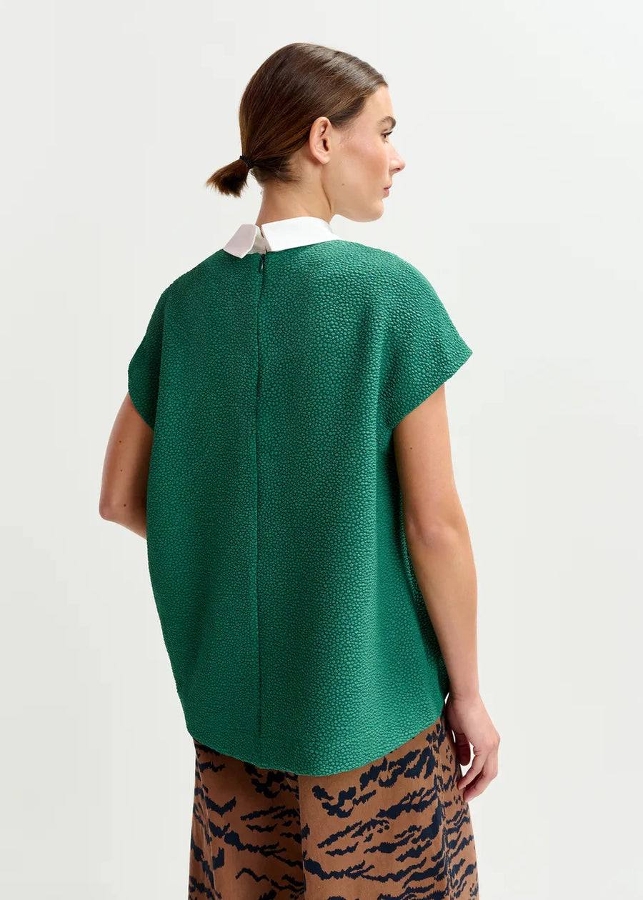 Green Textured Blouse with White Collar