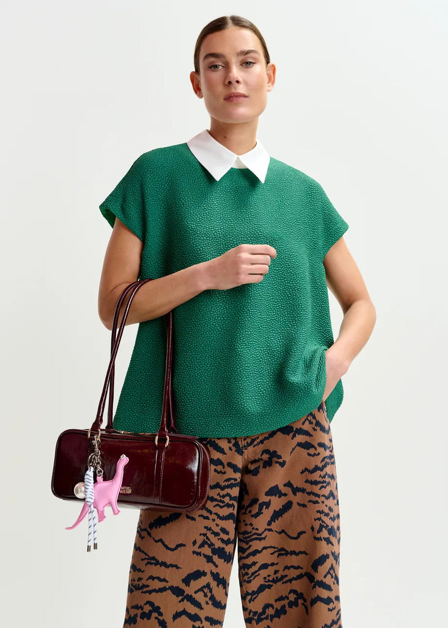 Green Textured Blouse with White Collar