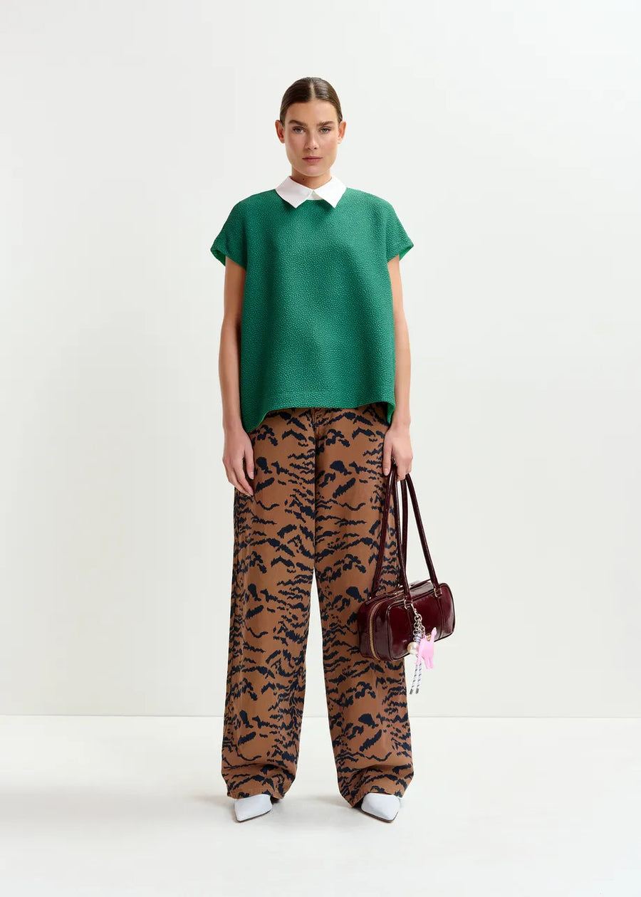 Green Textured Blouse with White Collar