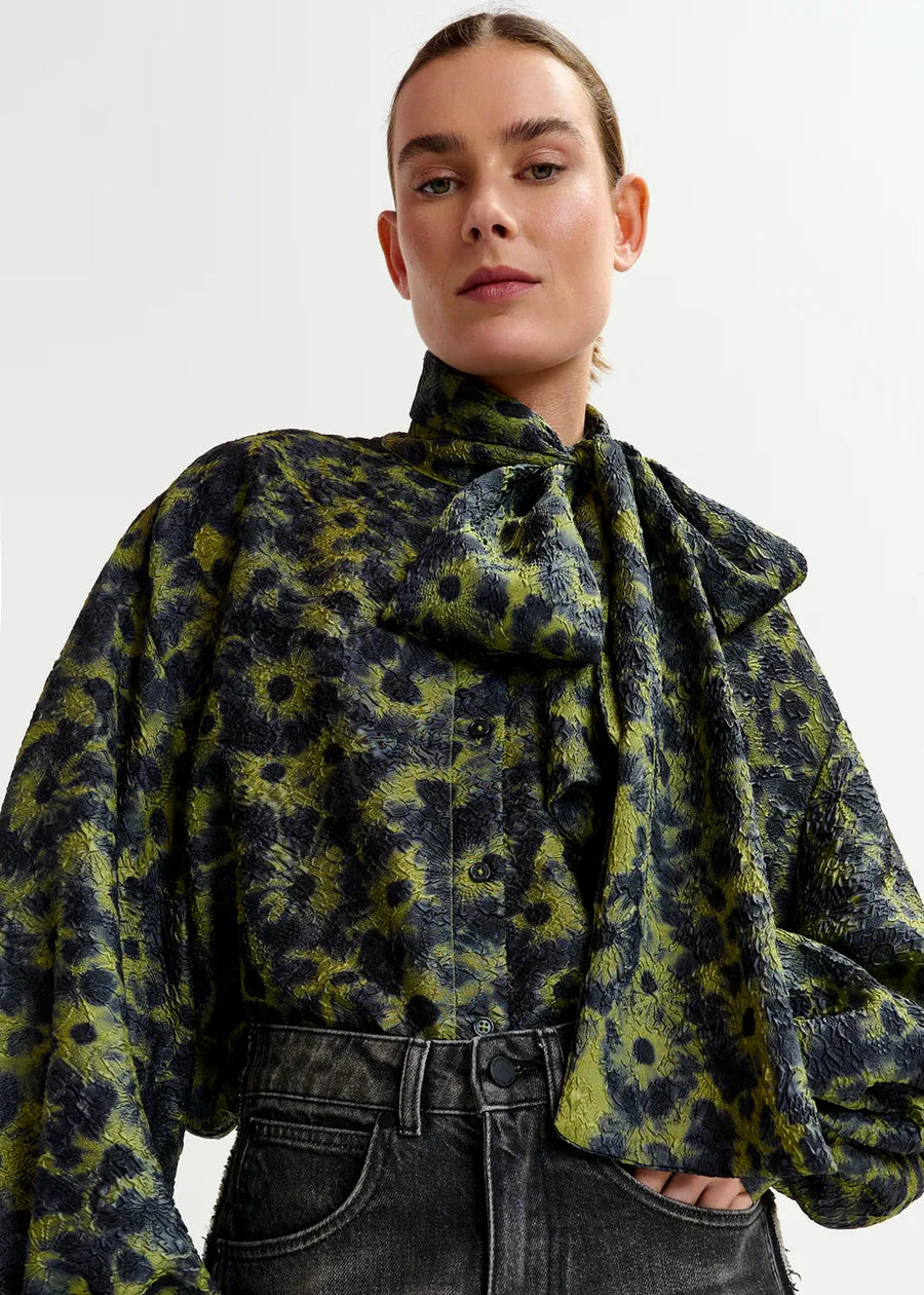 Floral Print Silk Blouse with Tie Neck