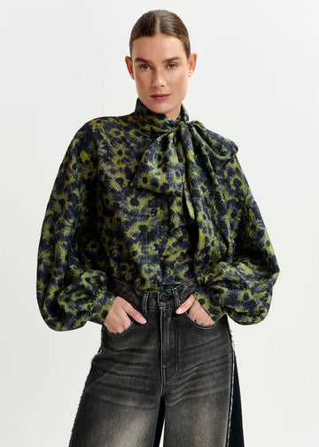 Floral Print Silk Blouse with Tie Neck