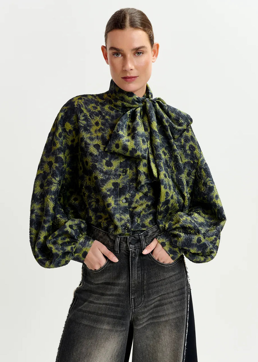 Floral Print Silk Blouse with Tie Neck