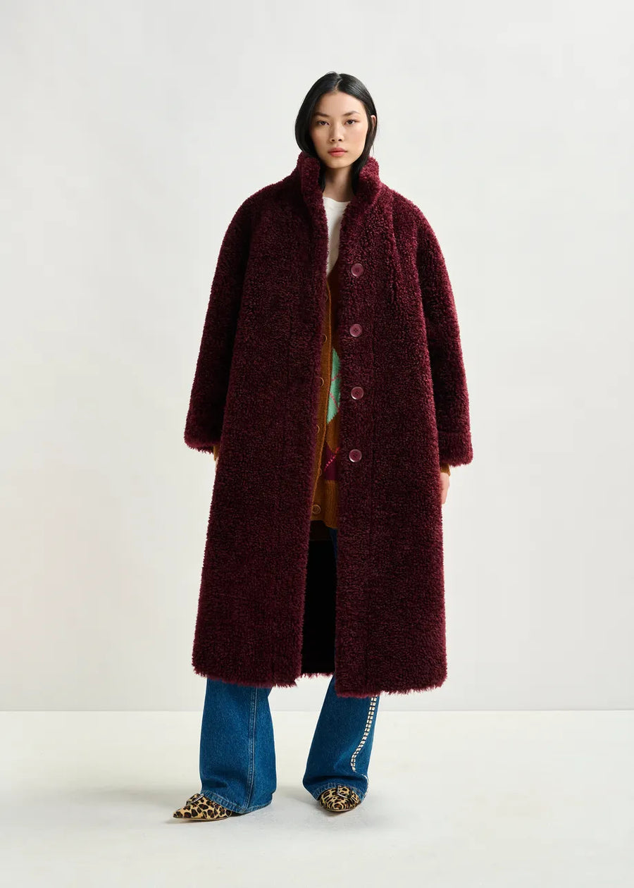 Maroon Fuzzy Button Front Coat
