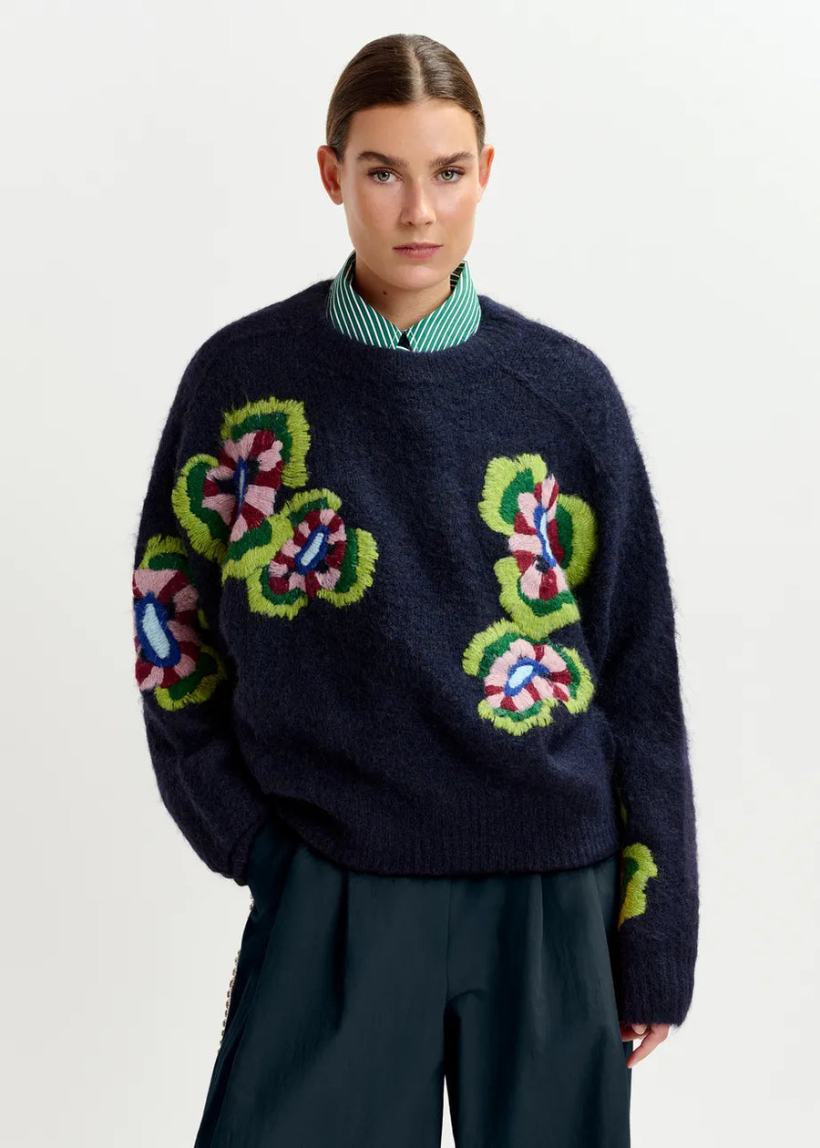 Floral Embroidered Navy Sweater