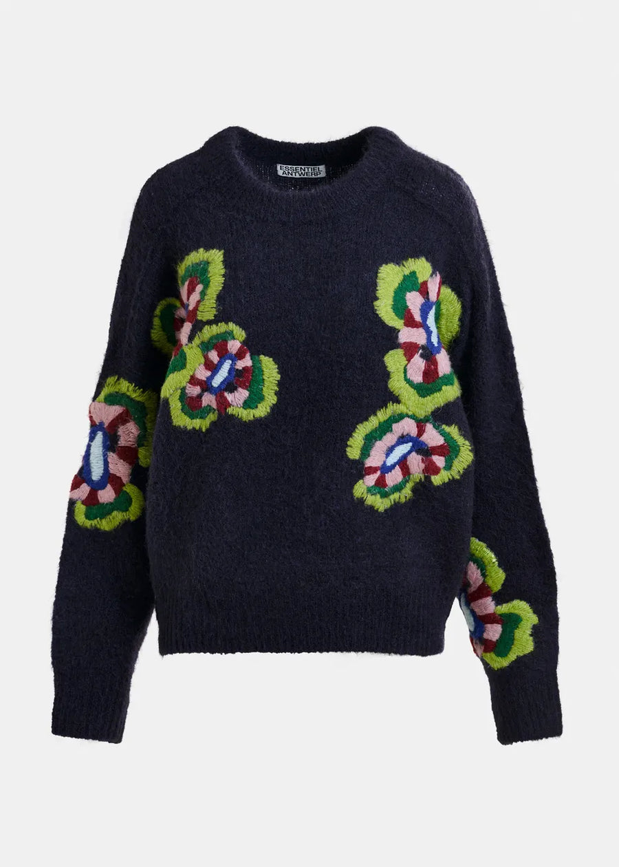 Floral Embroidered Navy Sweater