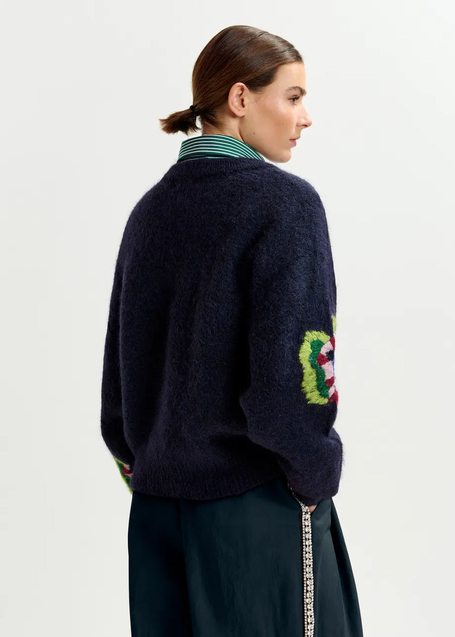 Floral Embroidered Navy Sweater