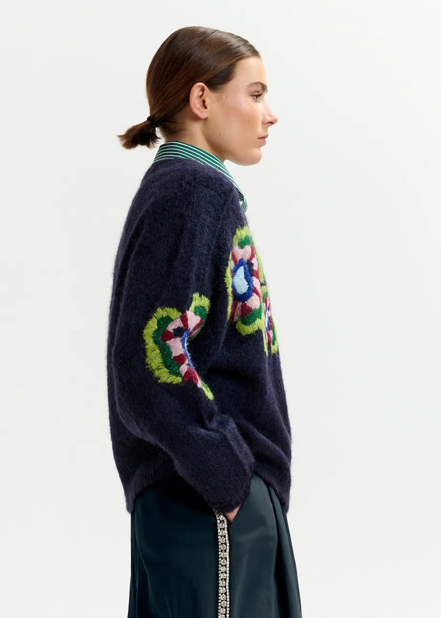 Floral Embroidered Navy Sweater