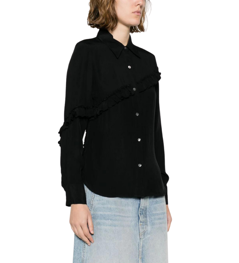 Long Sleeve Slim Shirt With Ruffle Black