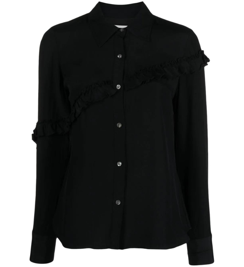 Long Sleeve Slim Shirt With Ruffle Black