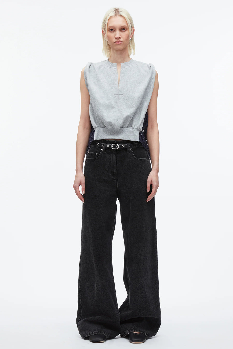 3.1 Phillip Lim Sleeveless French Terry Top with Broderie Anglaise