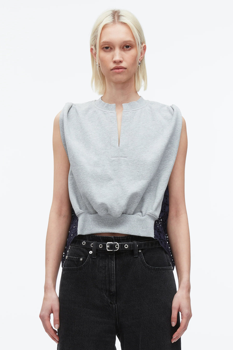 3.1 Phillip Lim Sleeveless French Terry Top with Broderie Anglaise