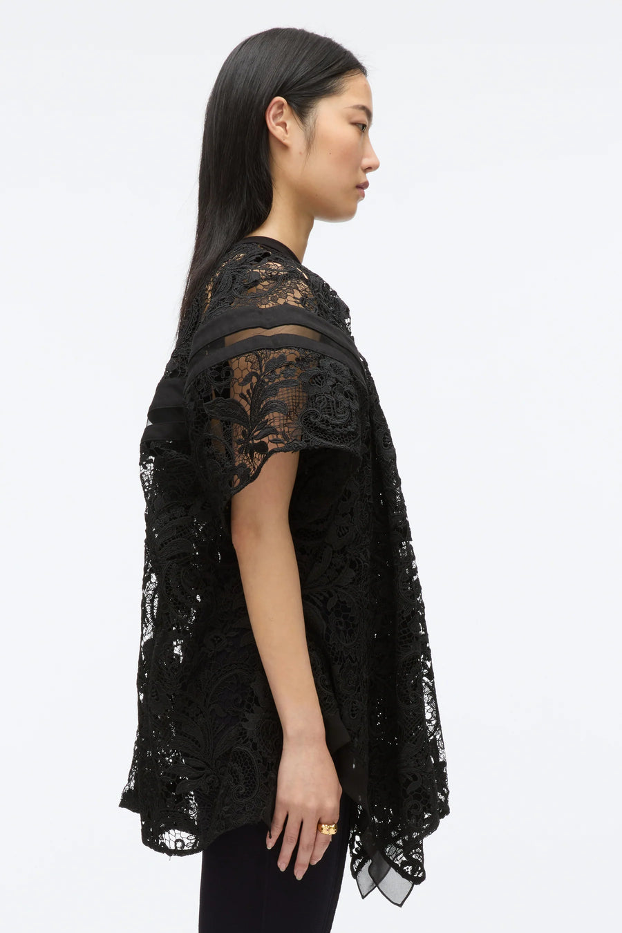 3.1 Phillip Lim Corded Embroidered Lace SS Flounce Top in Black Multi