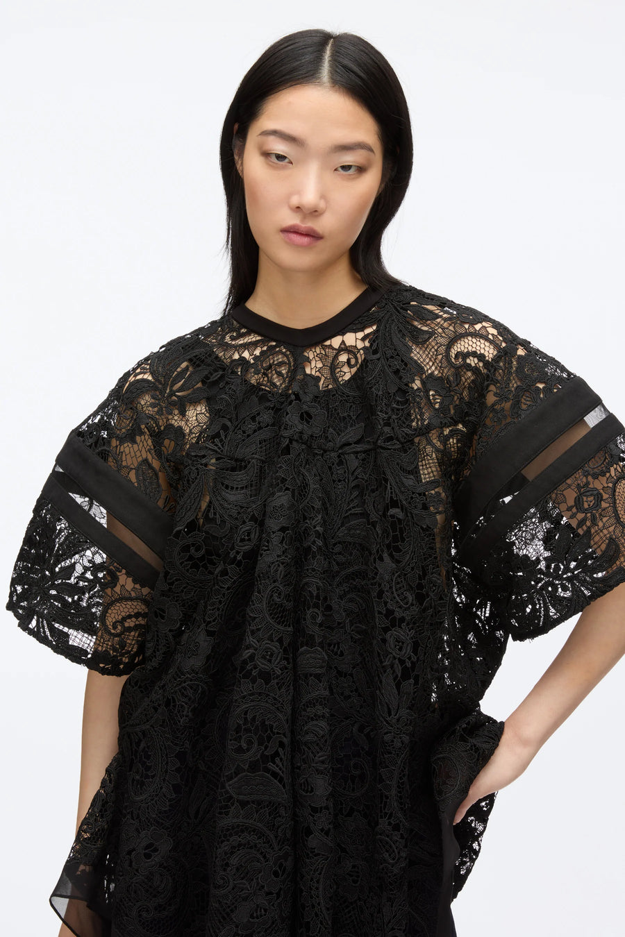3.1 Phillip Lim Corded Embroidered Lace SS Flounce Top in Black Multi